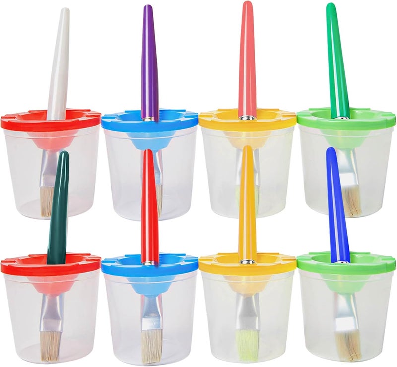 SUNFATT 8 Paint Brushes,8 Paint Cups with Lids,Spill-Proof Art Supplies for Adults,Reusable Plastic Paint Containers with Brushes for Acrylic,Watercolor,Classroom,DIY Crafts - Image 1